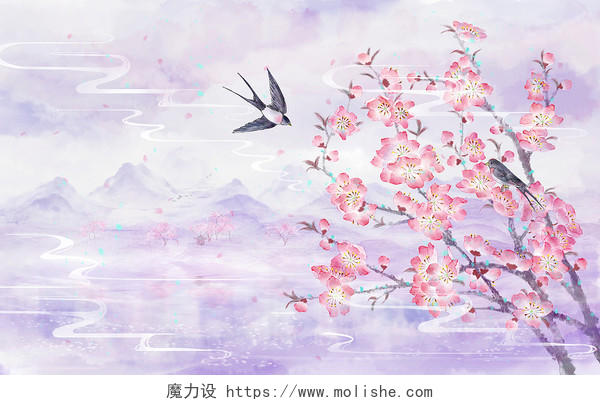 春天桃花燕子山水国画中国风古风水墨插画海报背景素材
